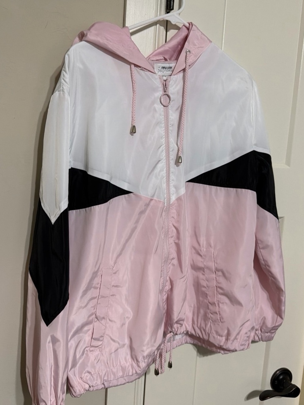 New Look Pink, White & Black Colorblock Hooded Bomber Jacket